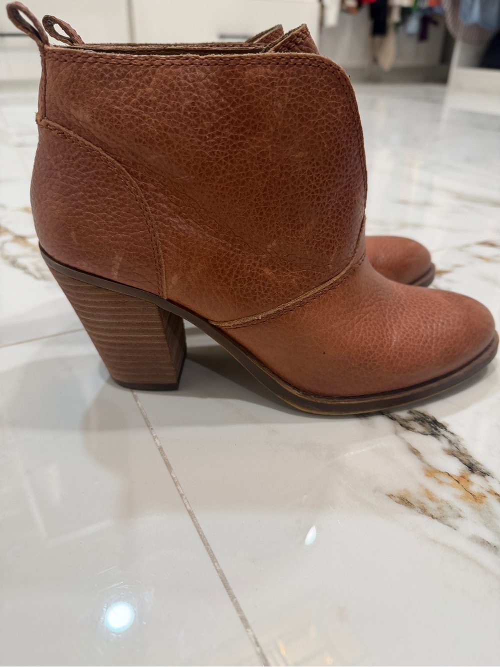 Women's Tan Leather Ankle Booties - Stylish Block Heel- size 8